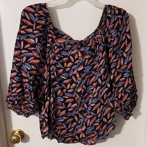 Luukse Womens Navy Leaf Print Casual Top--size 3X (22)